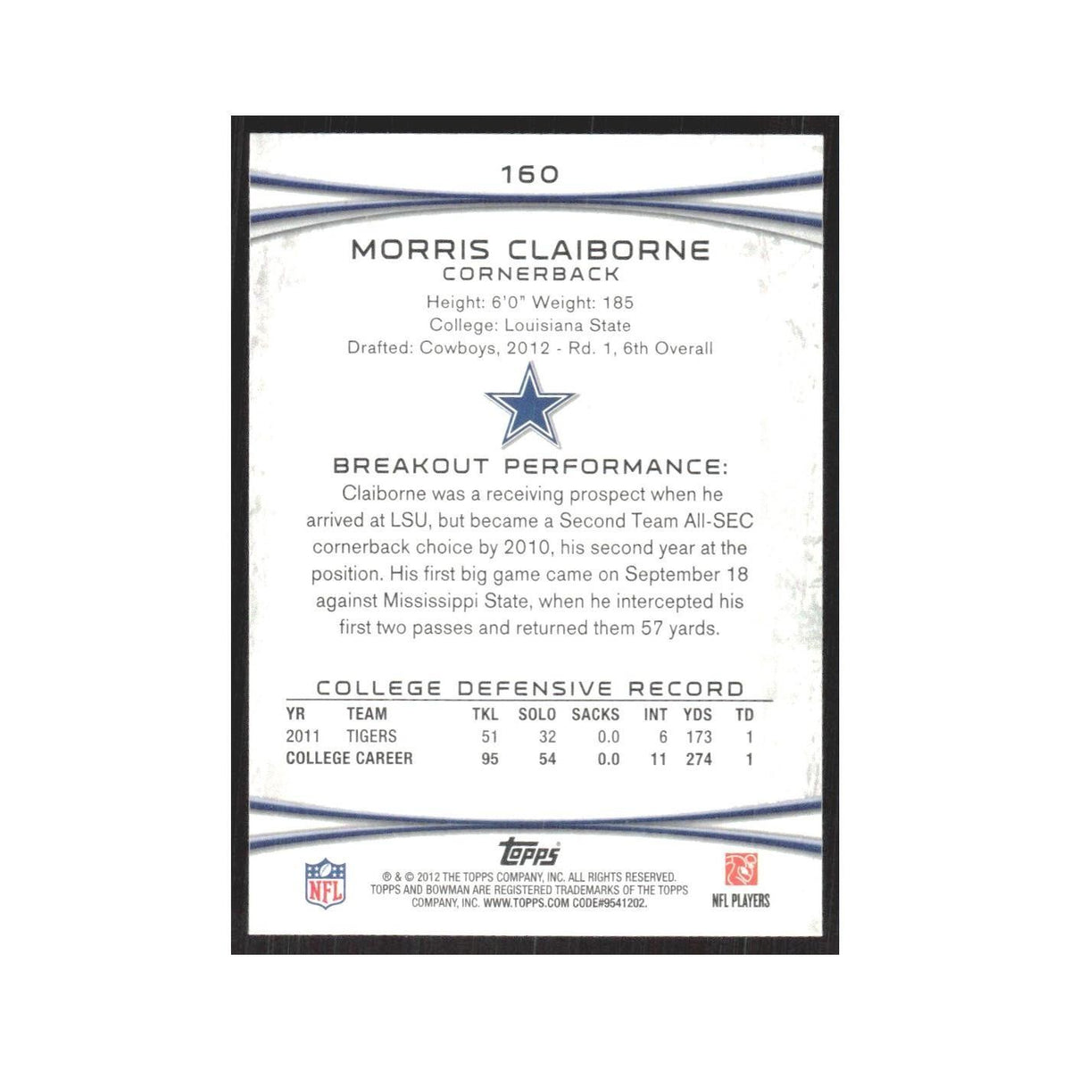 2012 Bowman Morris Claiborne RC Cowboys #160