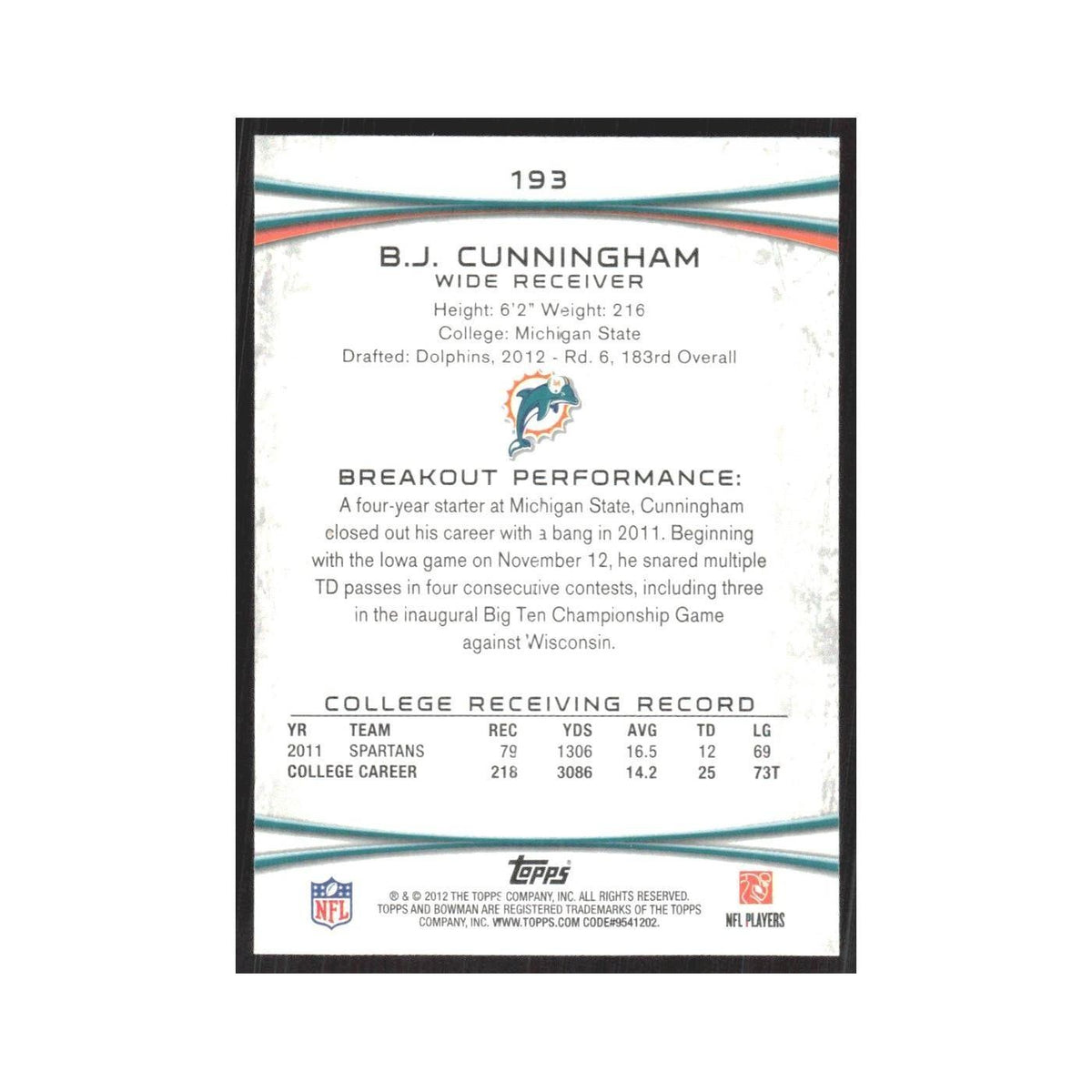 2012 Bowman B.J. Cunningham RC Dolphins #193