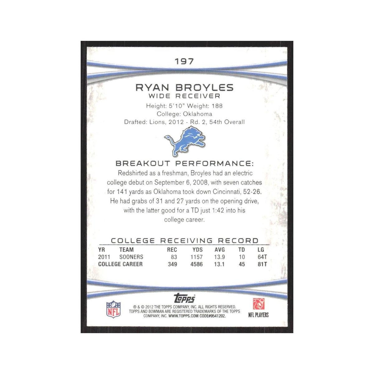 2012 Bowman Ryan Broyles RC Lions #197