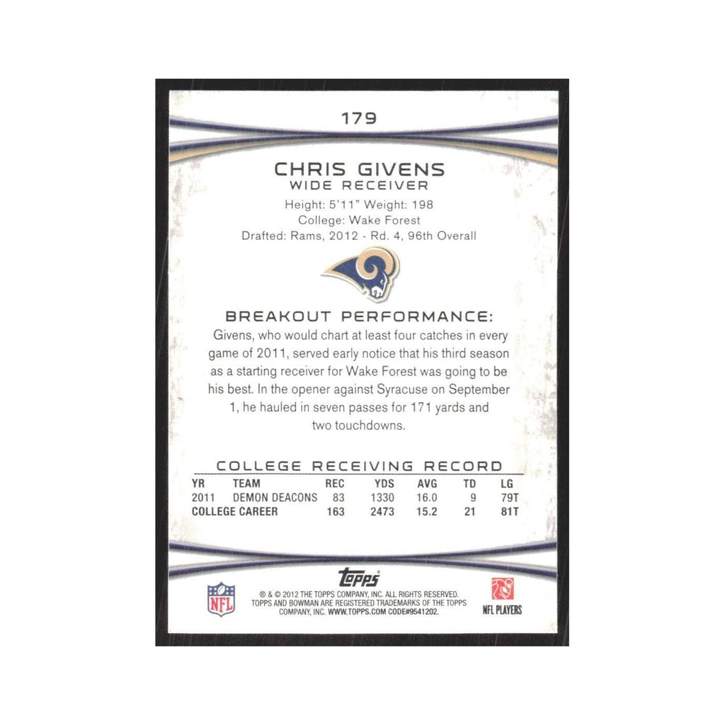 2012 Bowman Chris Givens RC St. Louis Rams #179