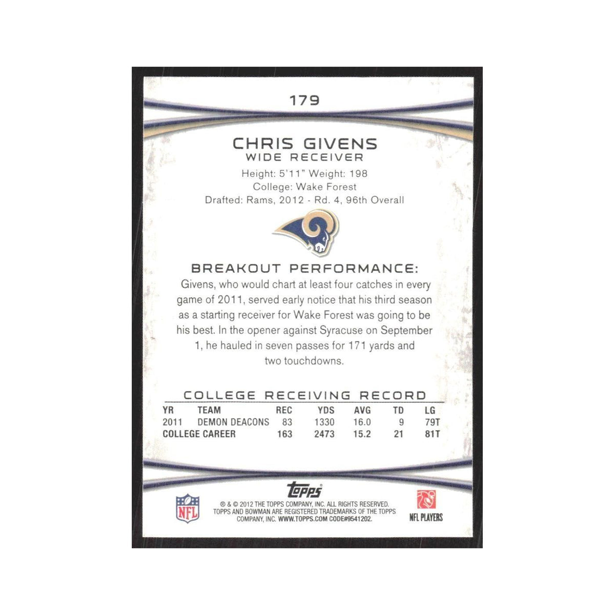 2012 Bowman Chris Givens RC St. Louis Rams #179
