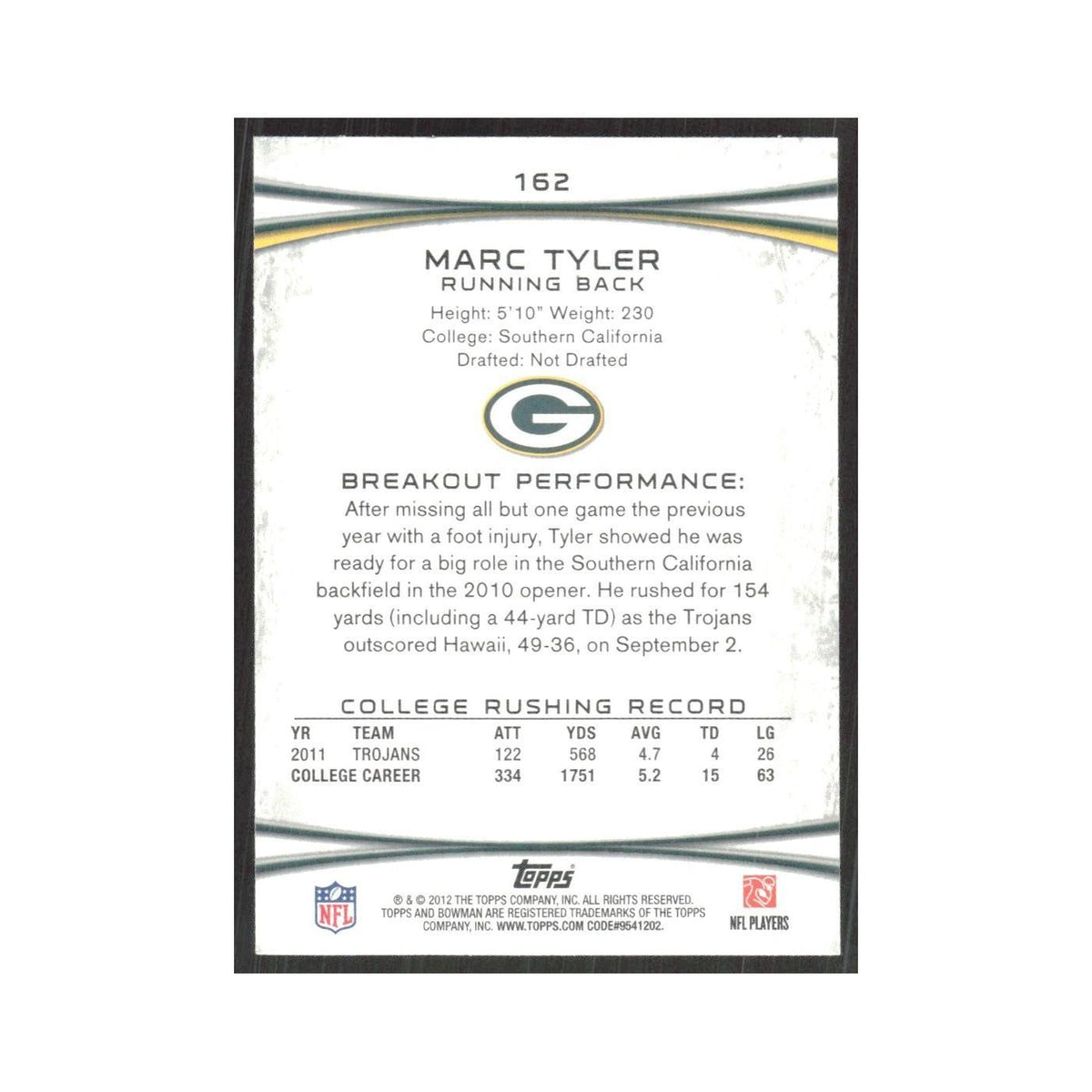 2012 Bowman Marc Tyler RC Packers #162