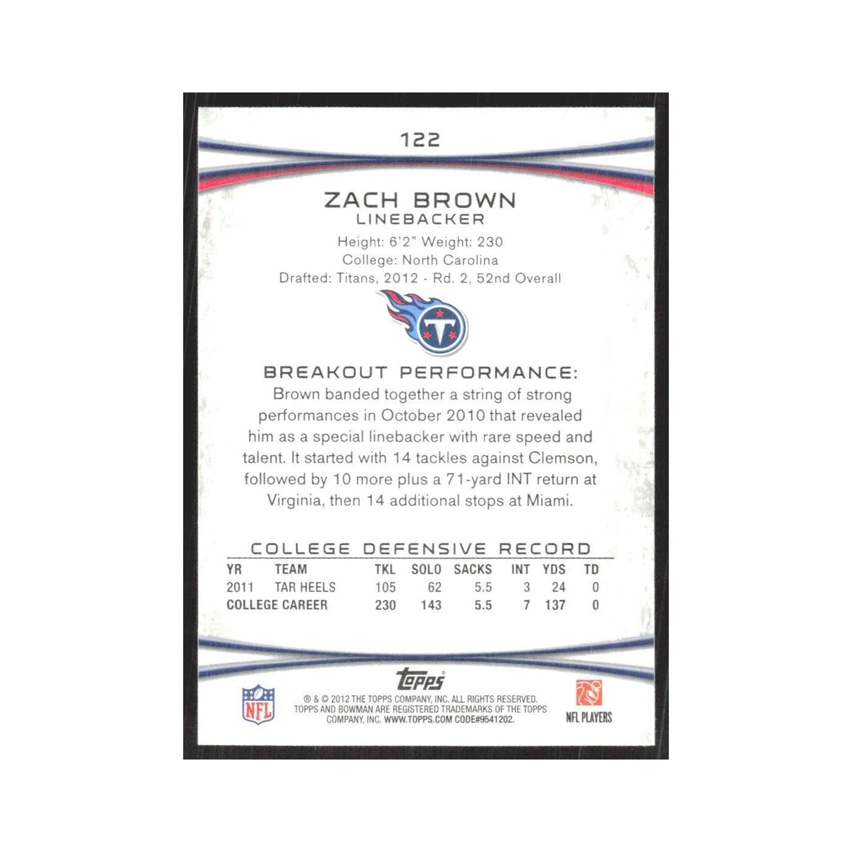 2012 Bowman Zach Brown RC Titans #122