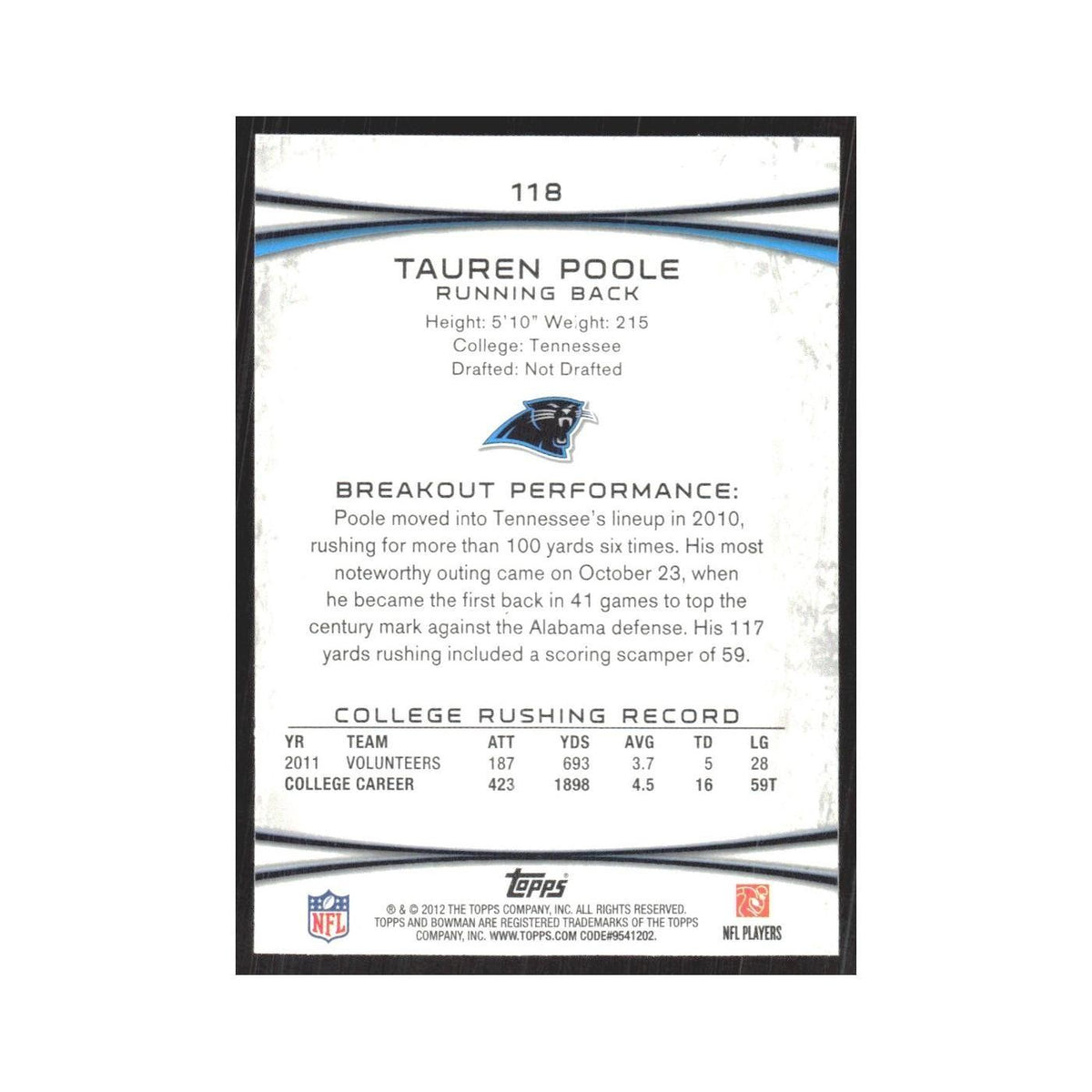 2012 Bowman Tauren Poole RC Panthers #118