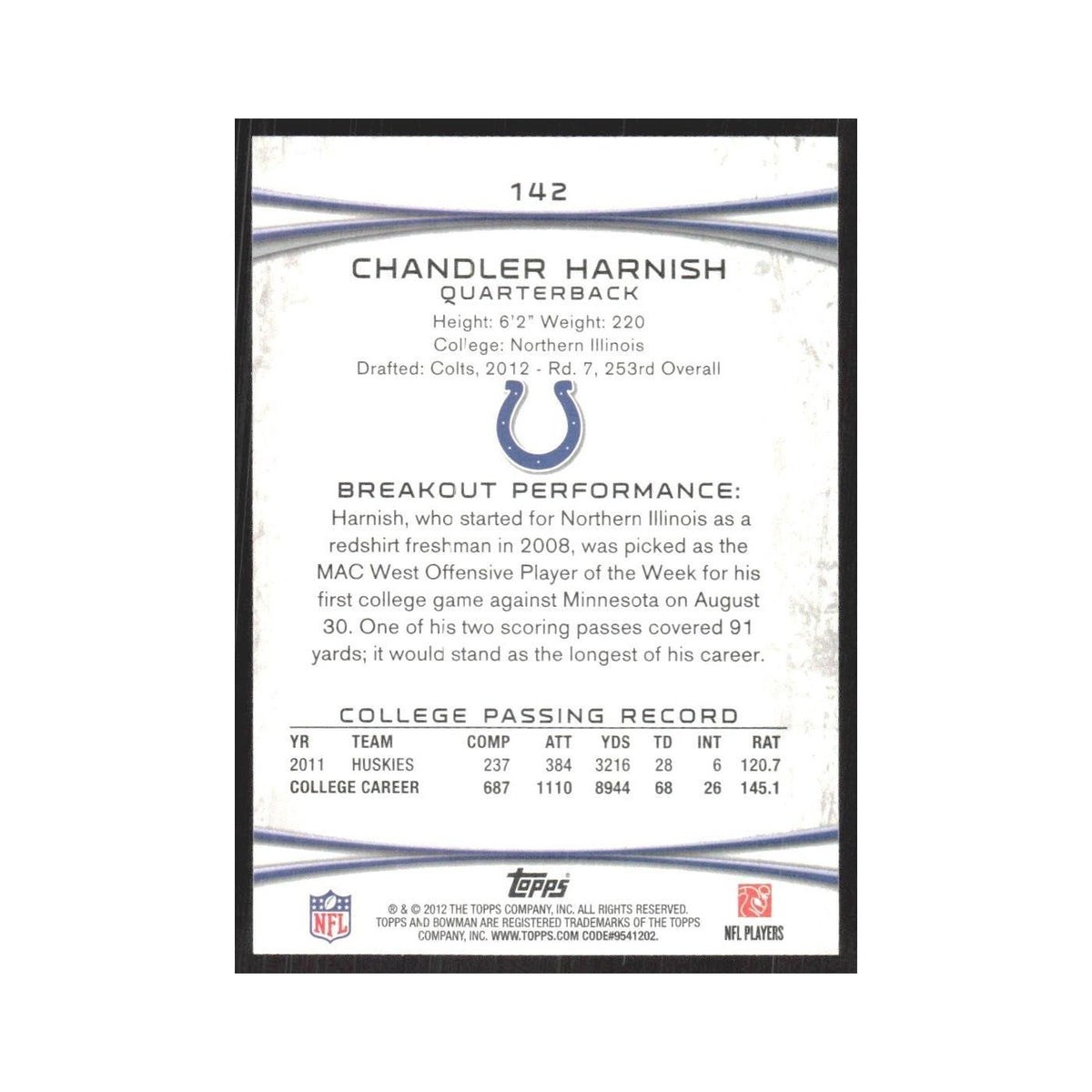 2012 Bowman Chandler Harnish RC Colts #142