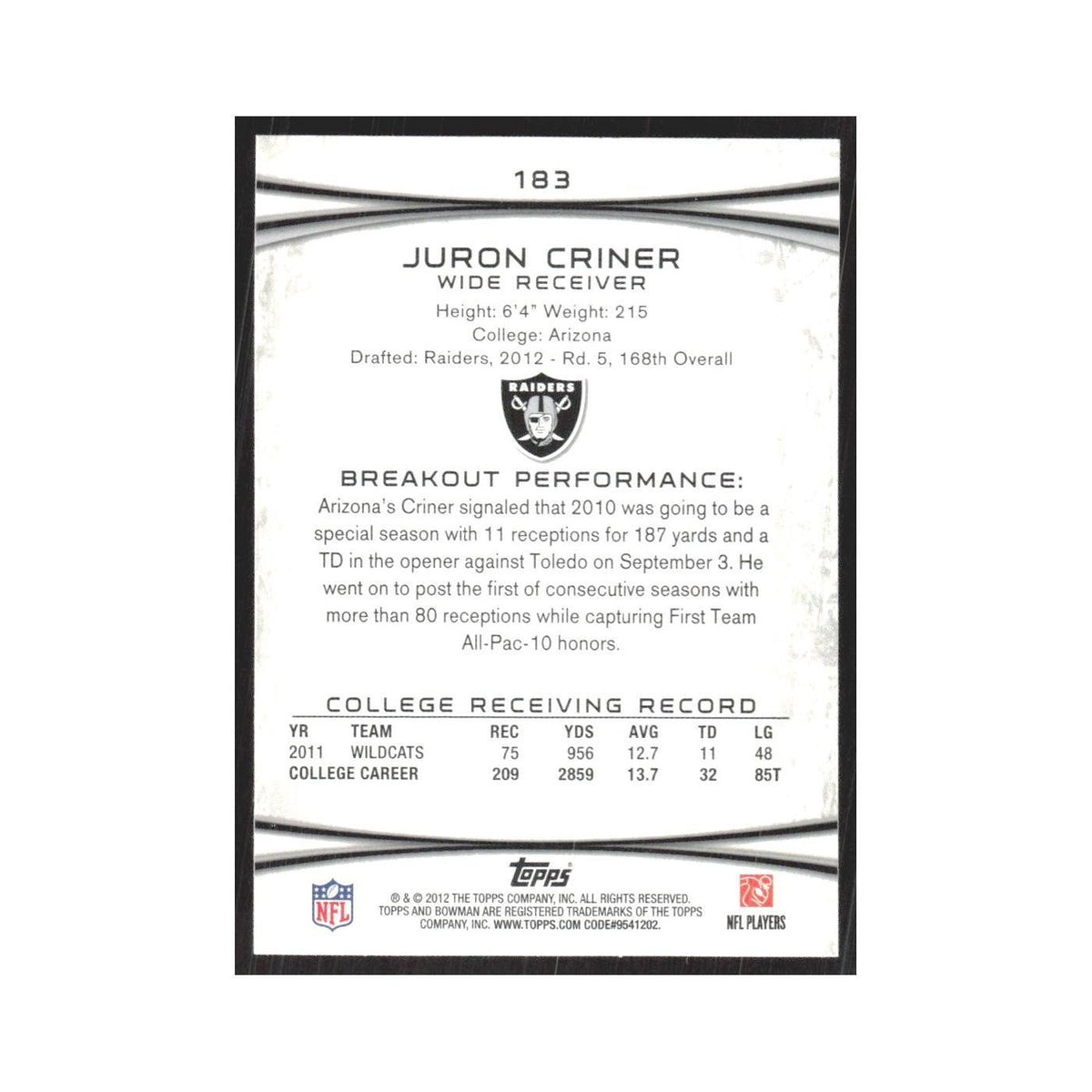 2012 Bowman Juron Criner RC Raiders #183