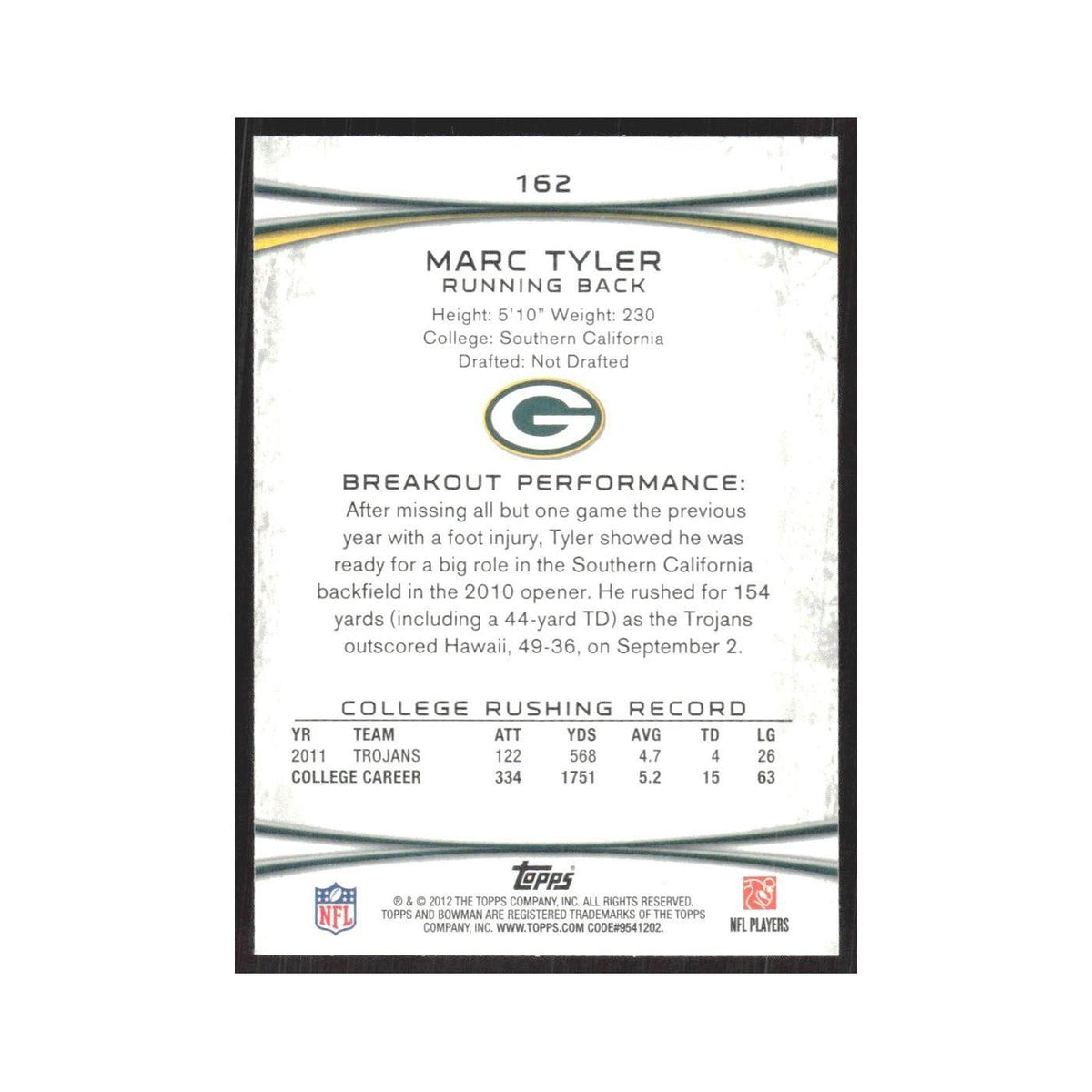 2012 Bowman Marc Tyler RC Packers #162