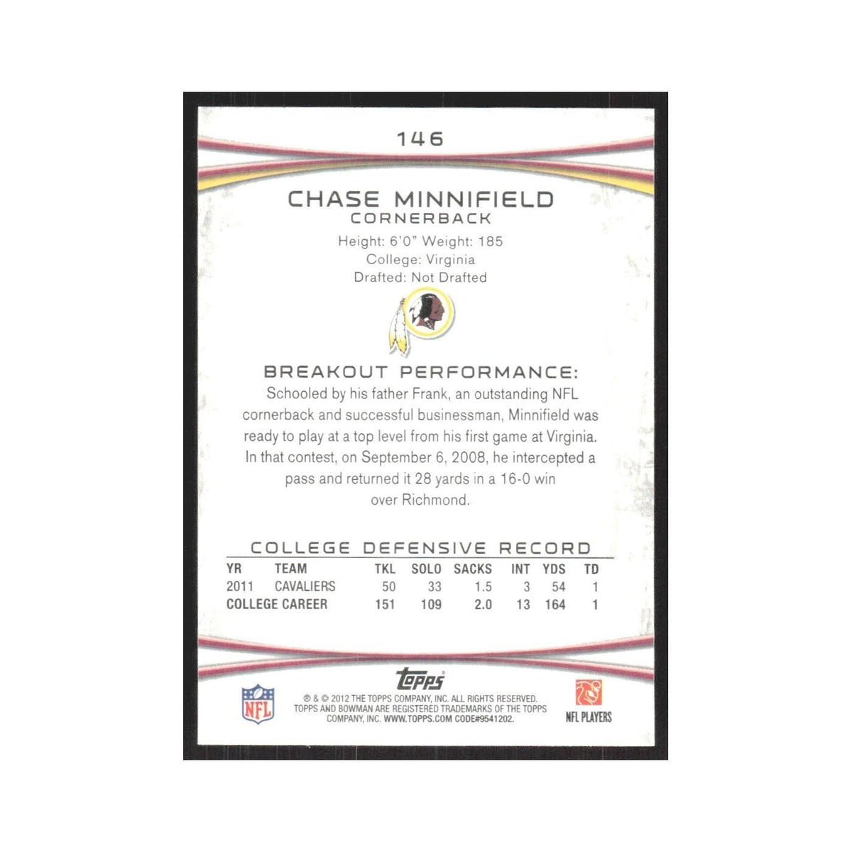 2012 Bowman Chase Minnifield RC Redskins #146