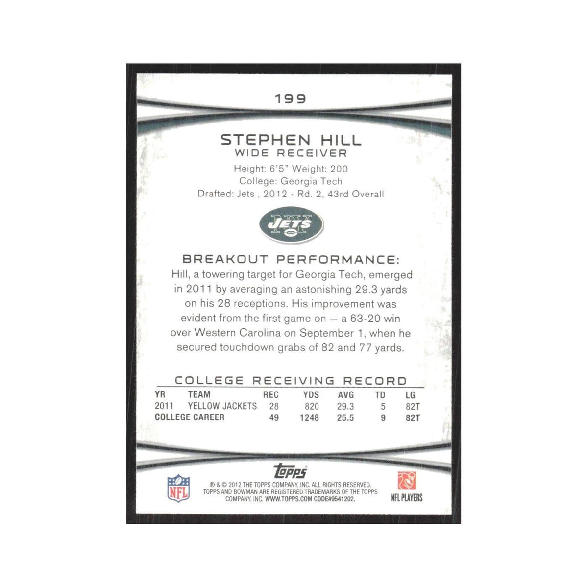 2012 Bowman Stephen Hill RC Jets #199