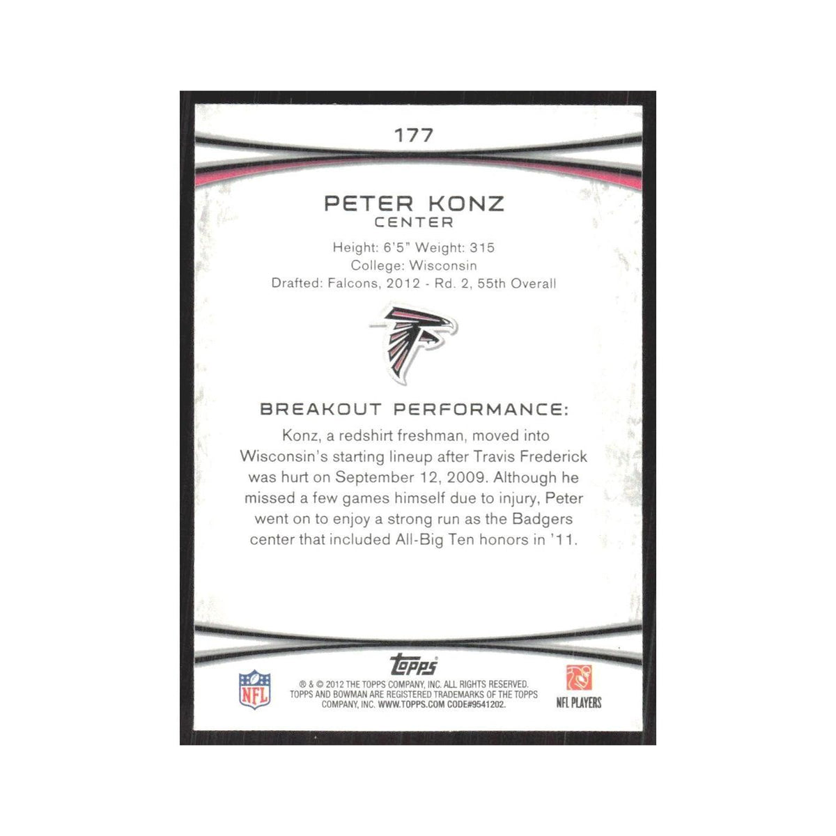 2012 Bowman Peter Konz RC Falcons #177