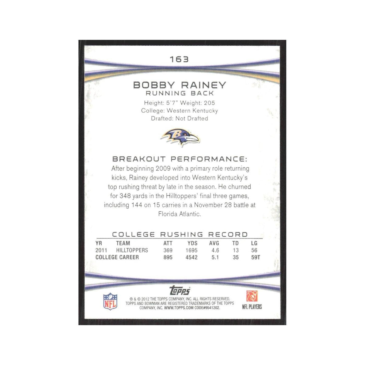 2012 Bowman Bobby Rainey RC Ravens #163