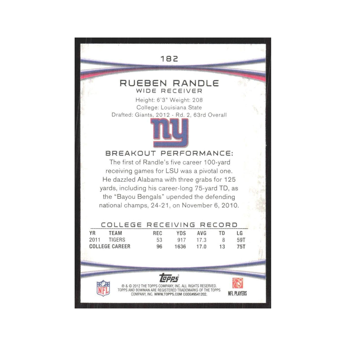 2012 Bowman Rueben Randle RC Giants #182