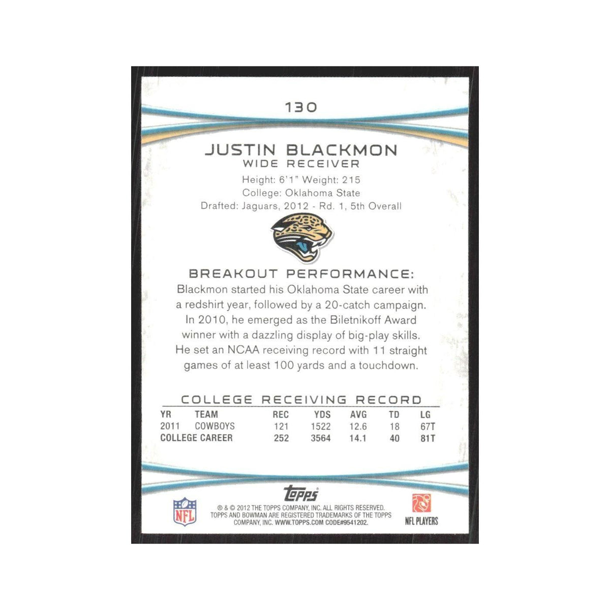 2012 Bowman Justin Blackmon RC Jaguars #130