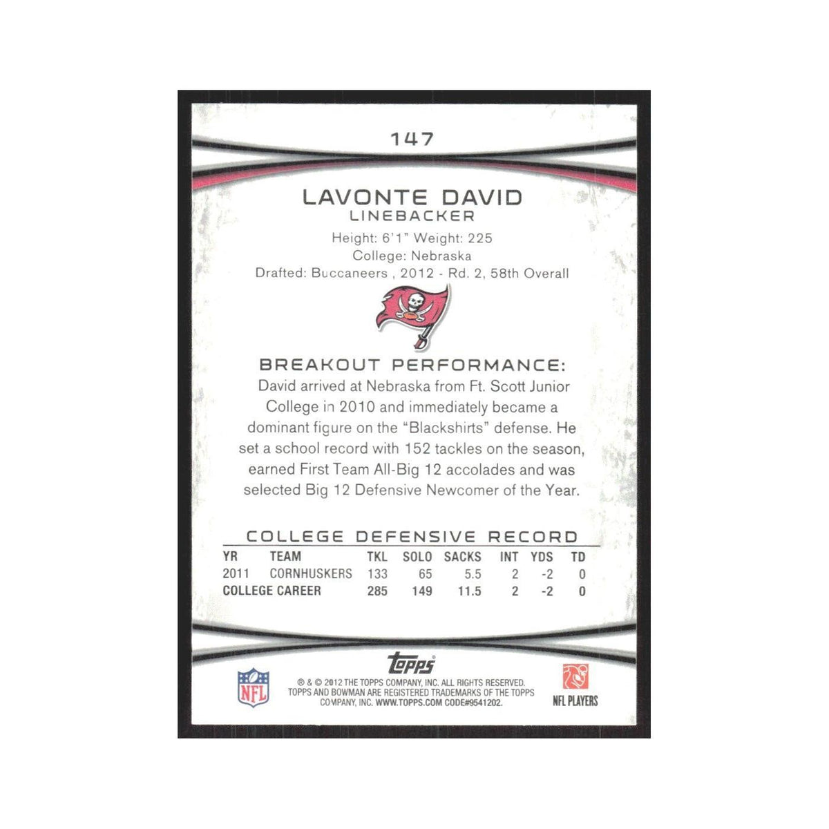 2012 Bowman Lavonte David RC Buccaneers #147