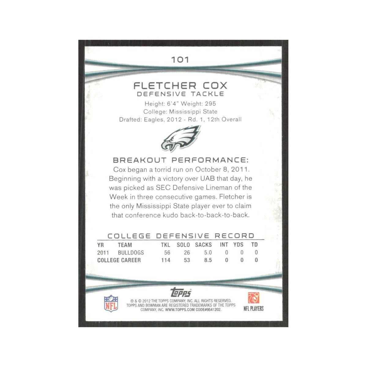2012 Bowman Fletcher Cox RC Eagles #101