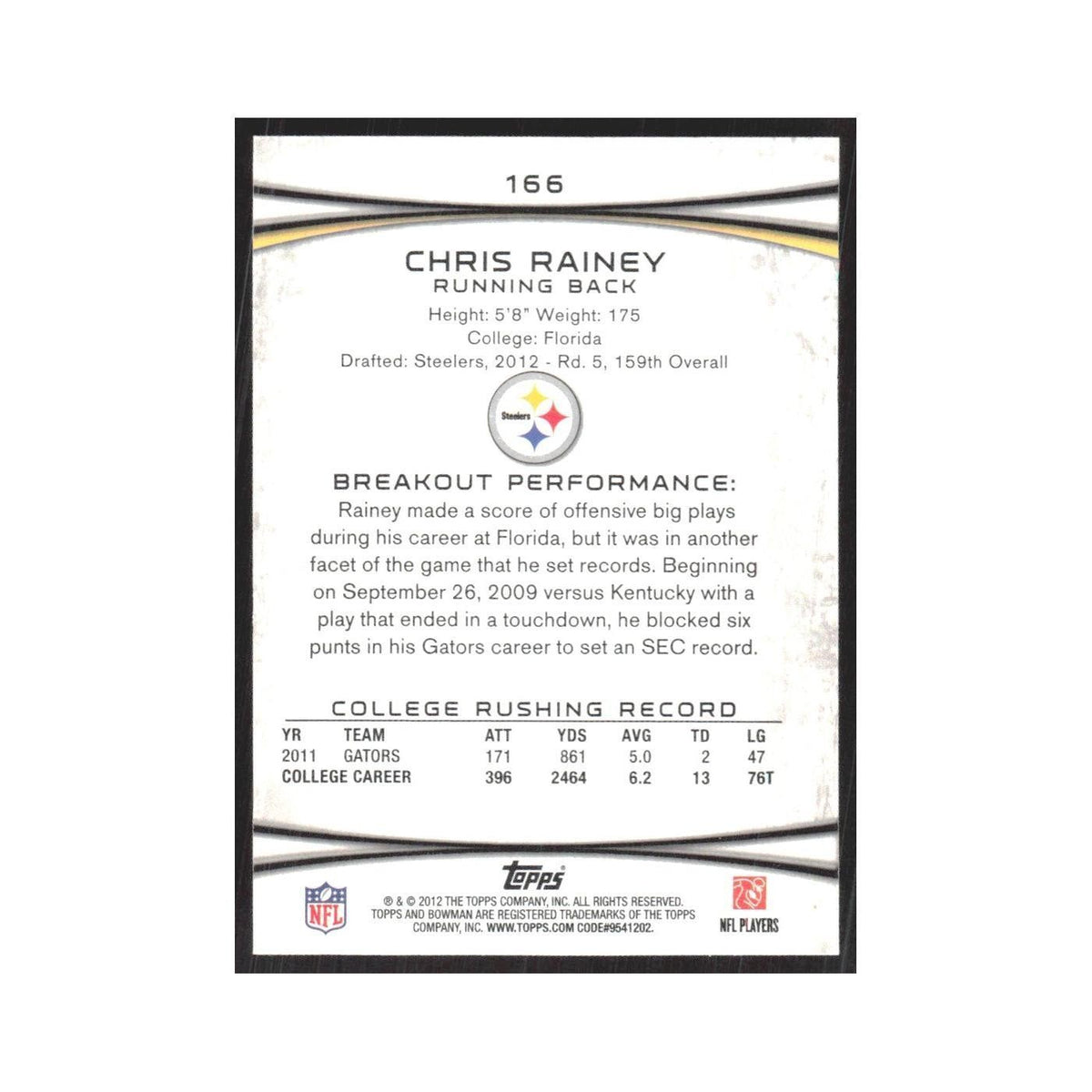 2012 Bowman Chris Rainey RC Steelers #166