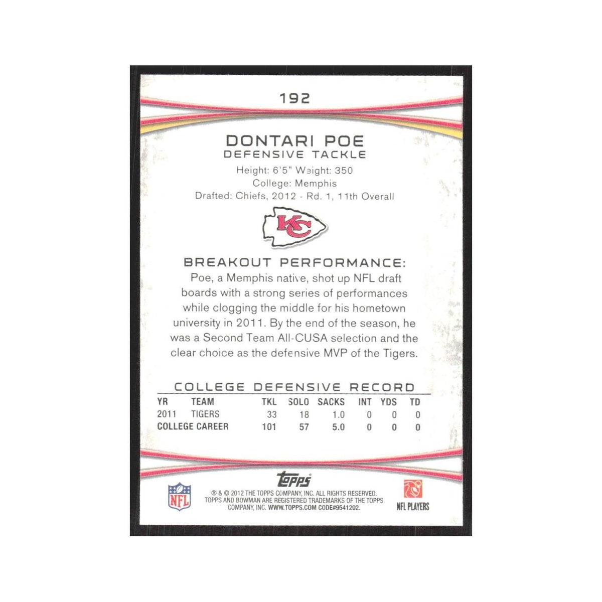 2012 Bowman Dontari Poe RC Chiefs #192
