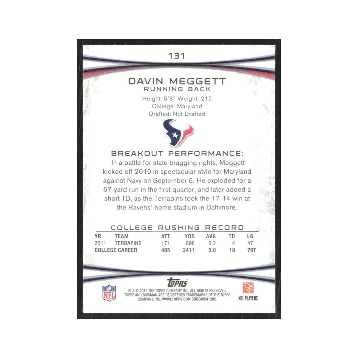 2012 Bowman Davin Meggett RC Texans #131