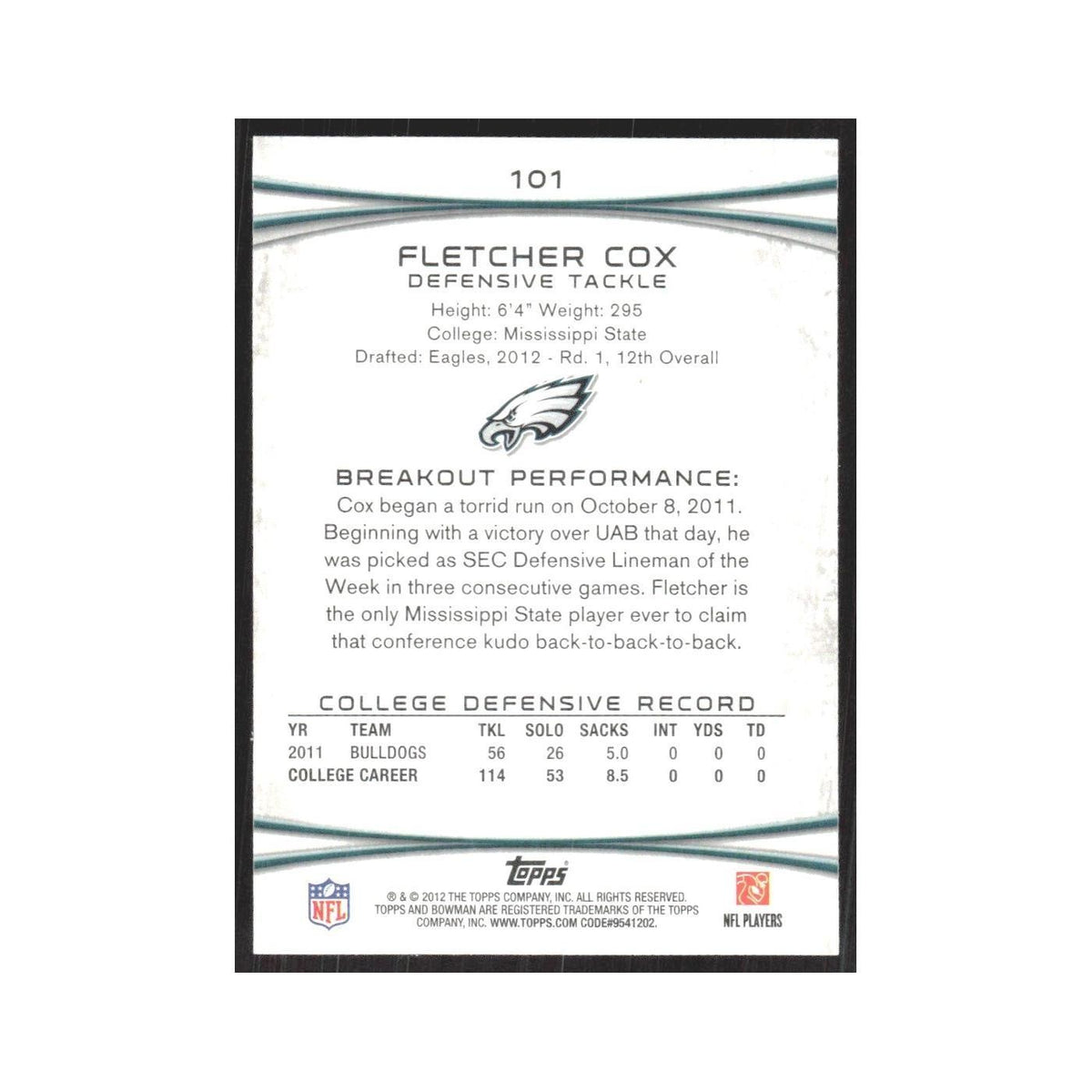 2012 Bowman Fletcher Cox RC Eagles #101
