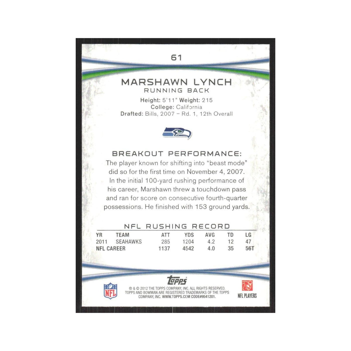 2012 Bowman Marshawn Lynch Seahawks #61