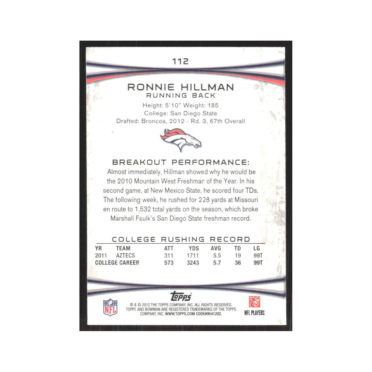 2012 Bowman Ronnie Hillman RC Broncos #112