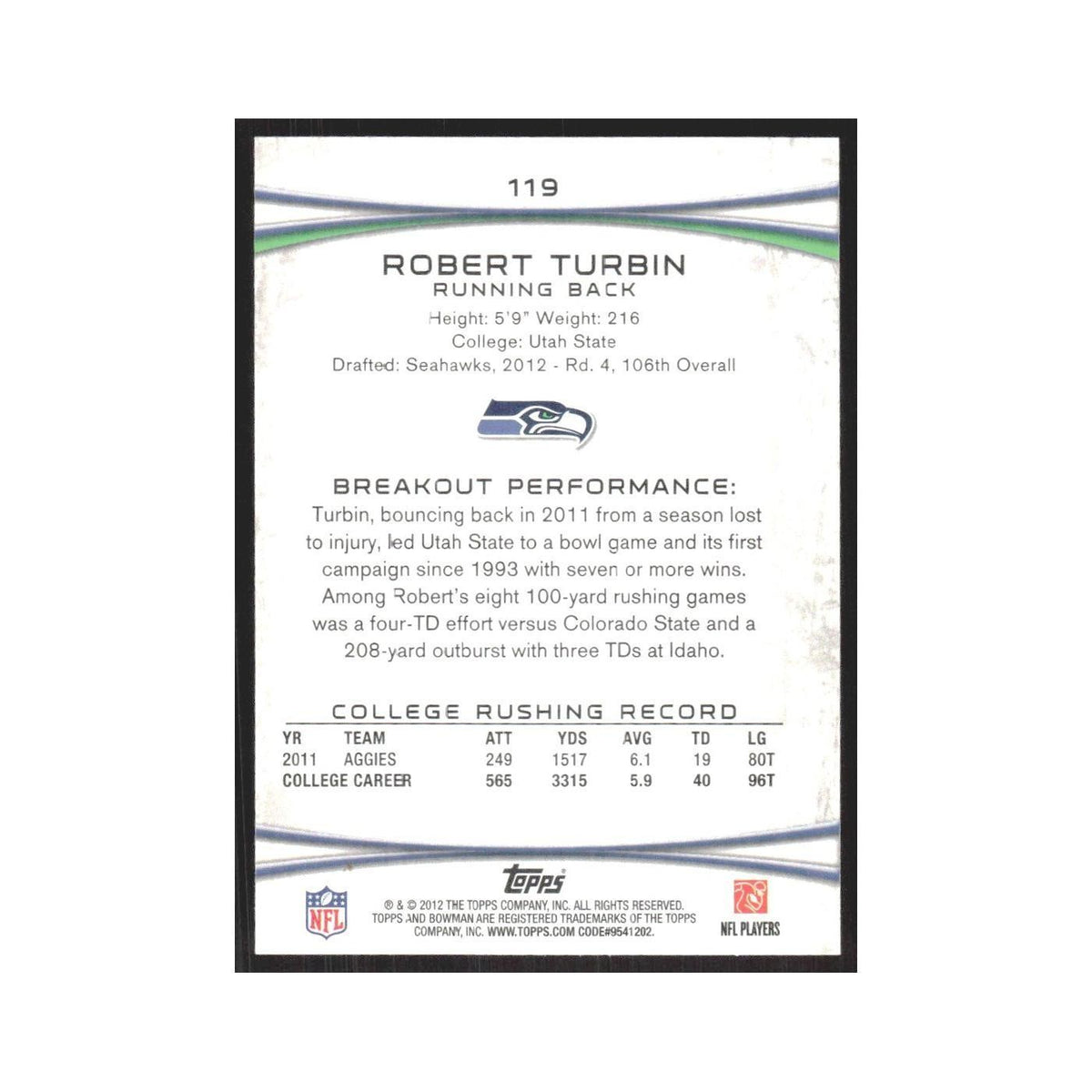 2012 Bowman Robert Turbin RC Seahawks #119