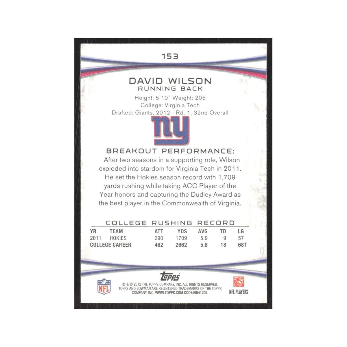 2012 Bowman David Wilson RC Giants #153