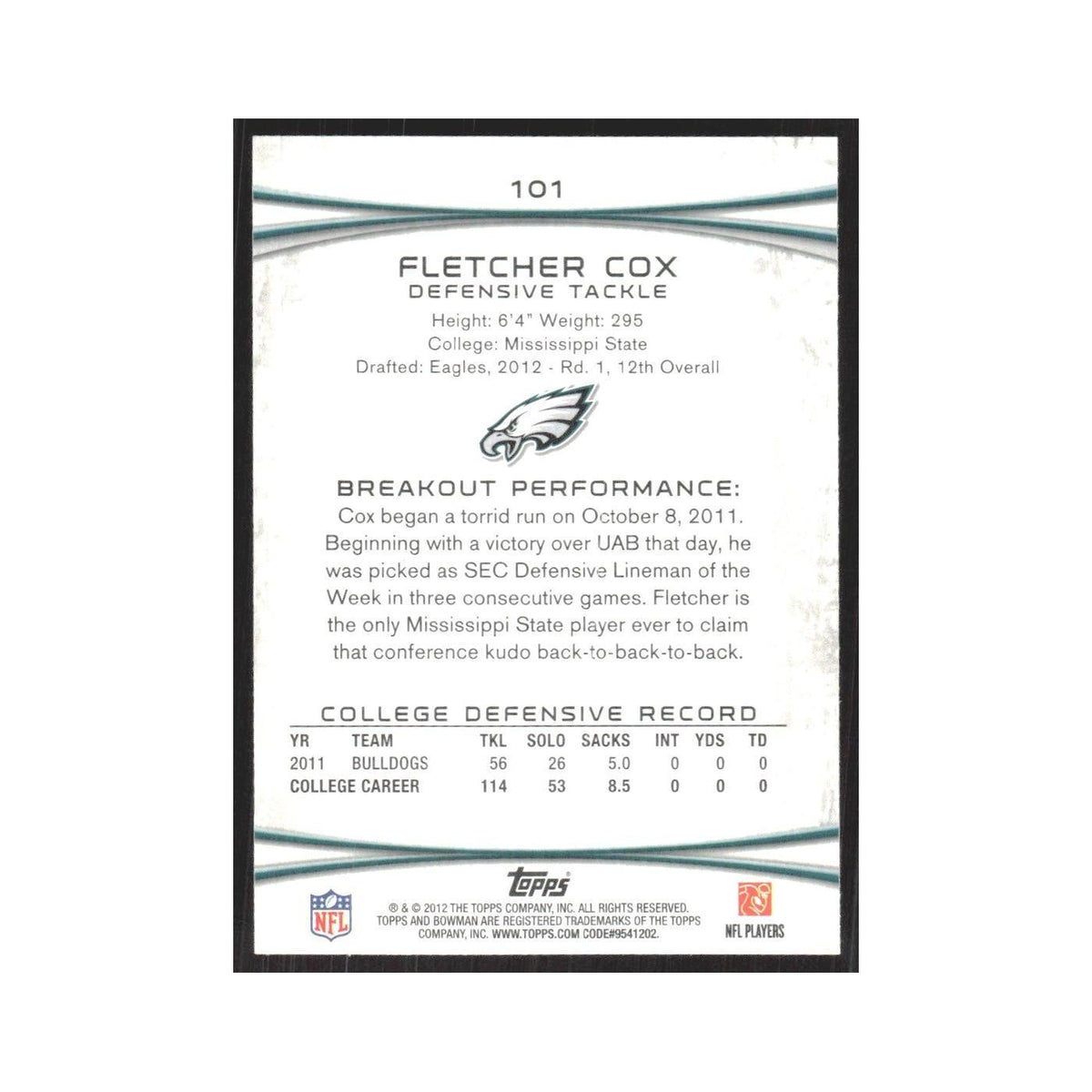 2012 Bowman Fletcher Cox RC Eagles #101