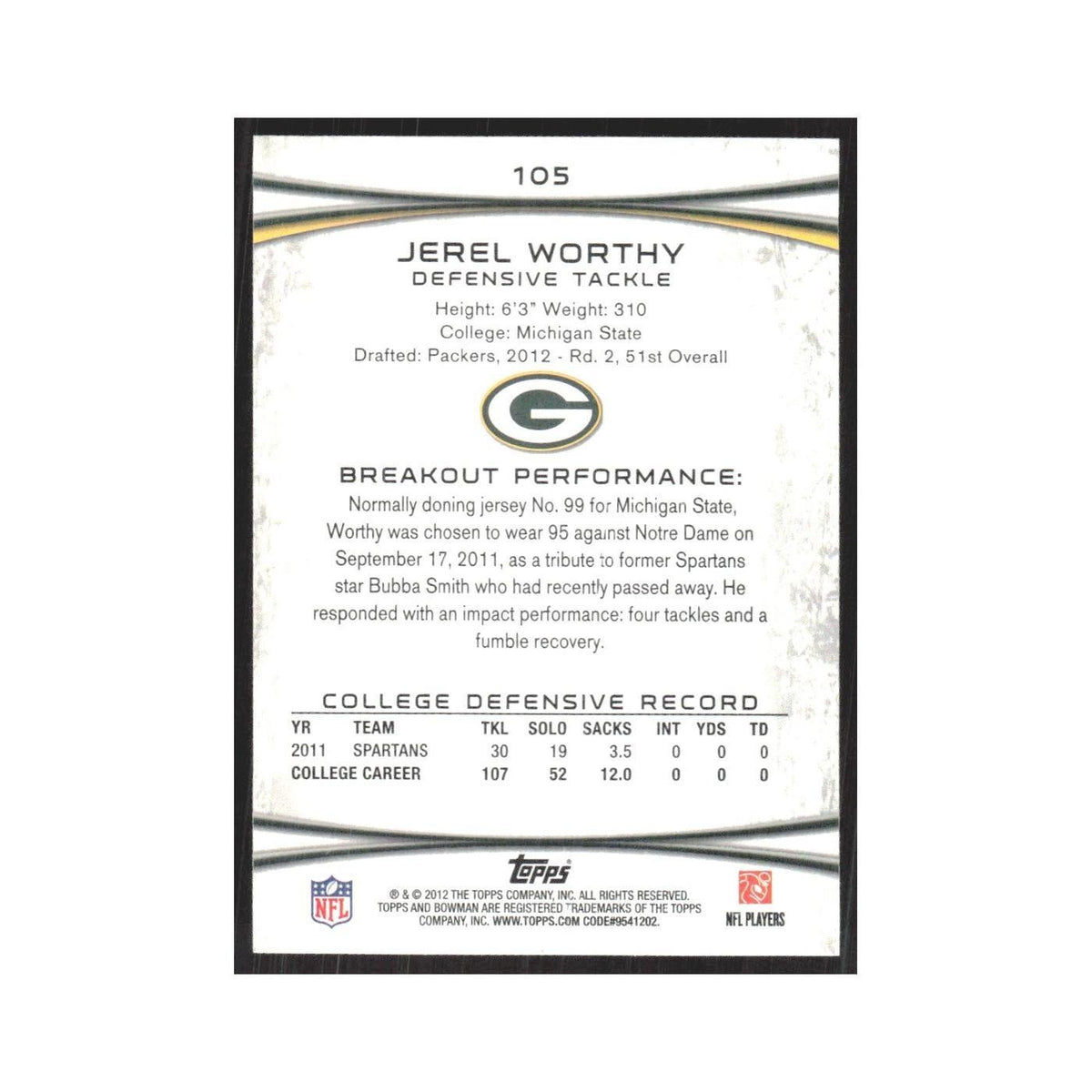 2012 Bowman Jerel Worthy RC Packers #105