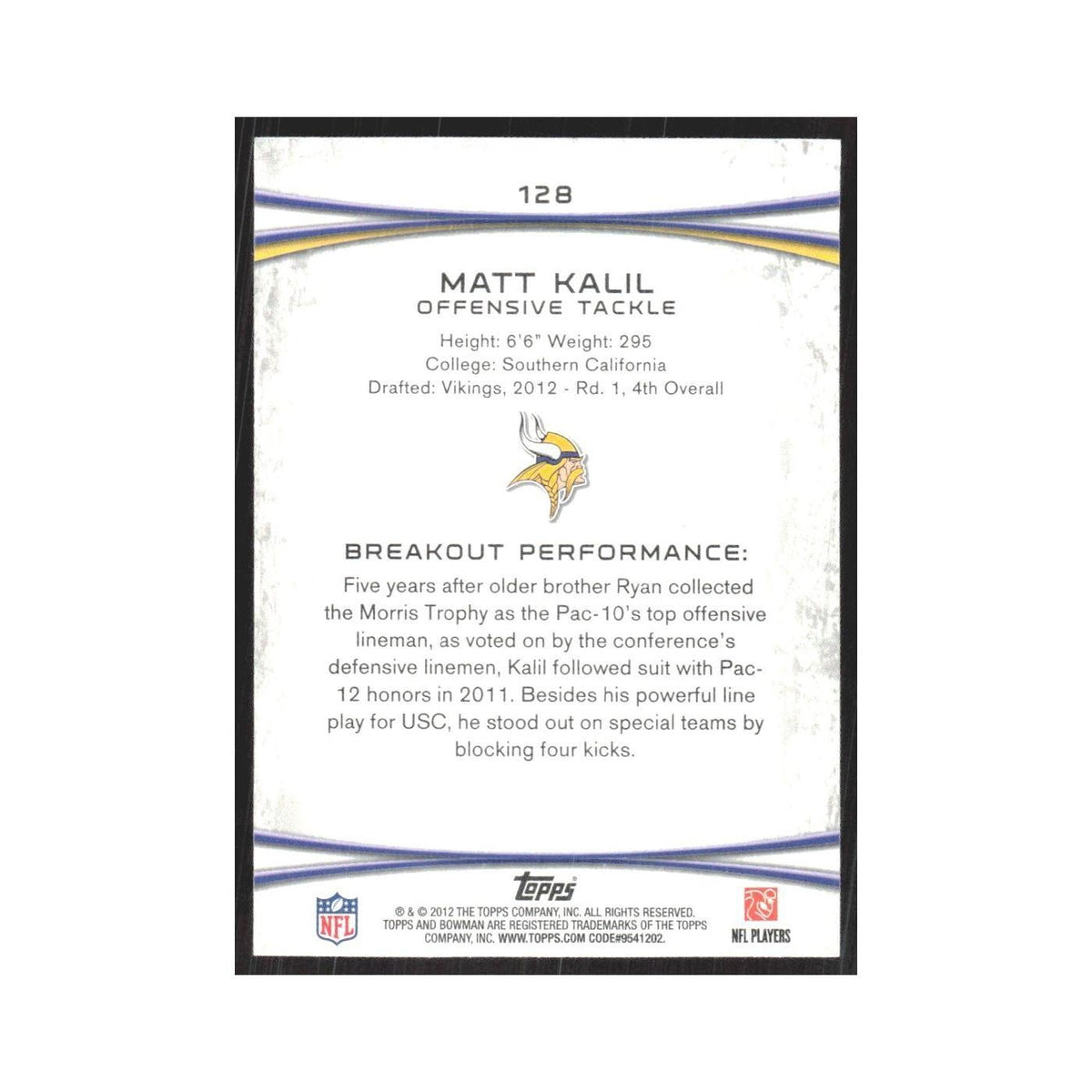 2012 Bowman Matt Kalil RC Vikings #128