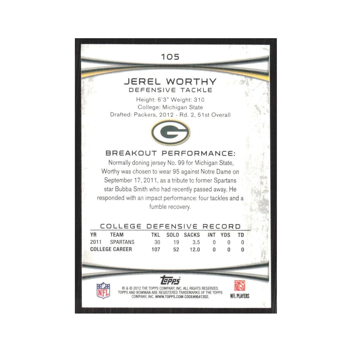 2012 Bowman Jerel Worthy RC Packers #105