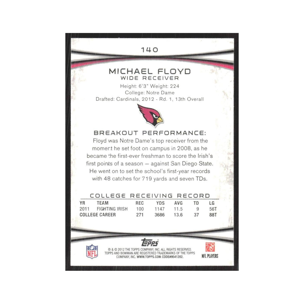 2012 Bowman Michael Floyd RC Cardinals #140