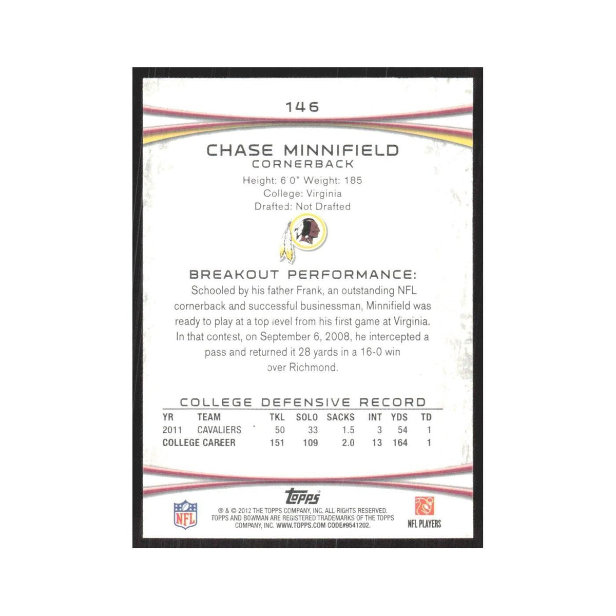 2012 Bowman Chase Minnifield RC Redskins #146