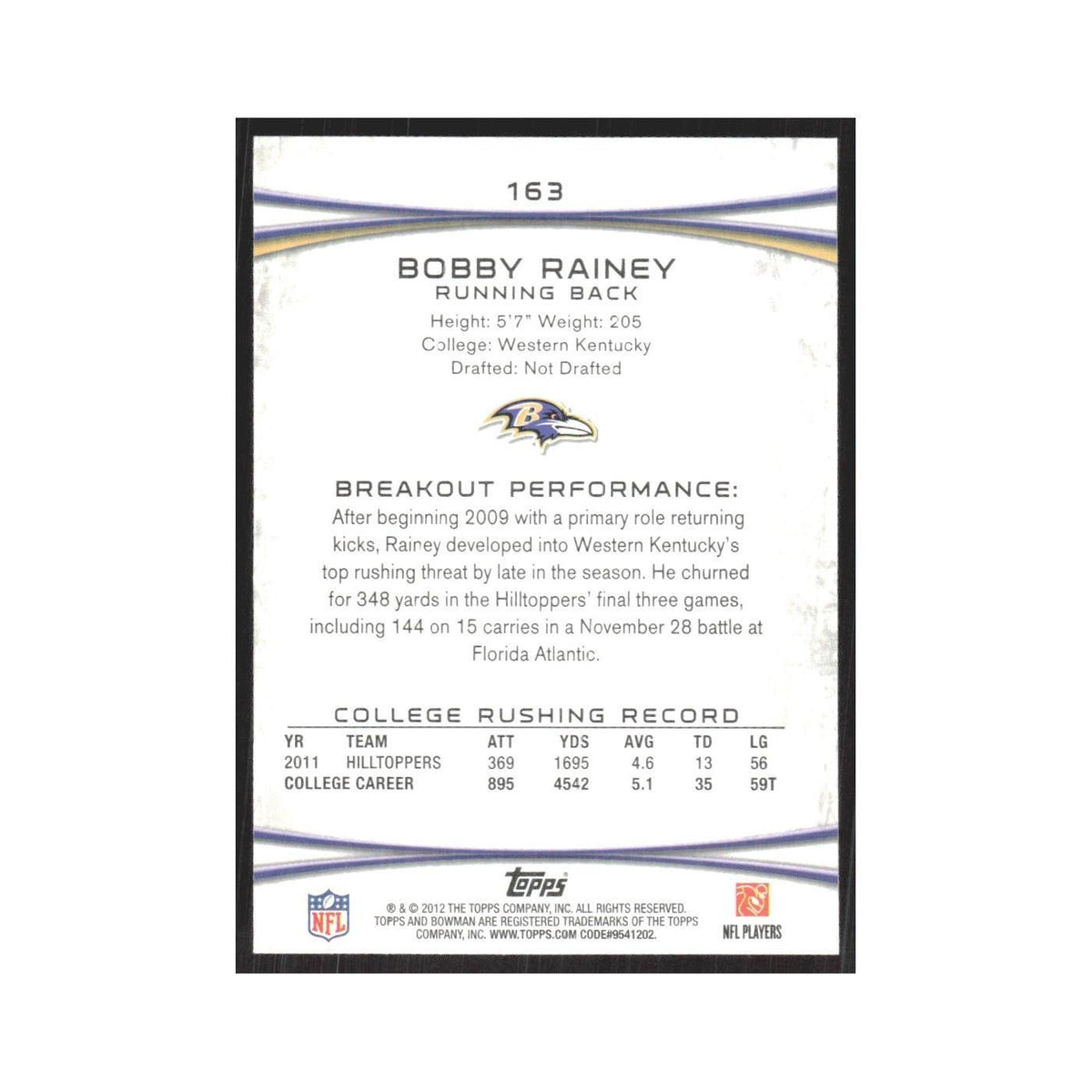 2012 Bowman Bobby Rainey RC Ravens #163