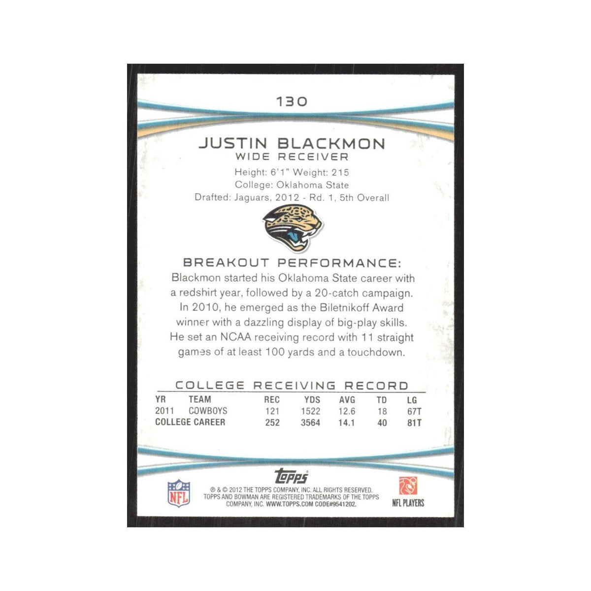 2012 Bowman Justin Blackmon RC Jaguars #130