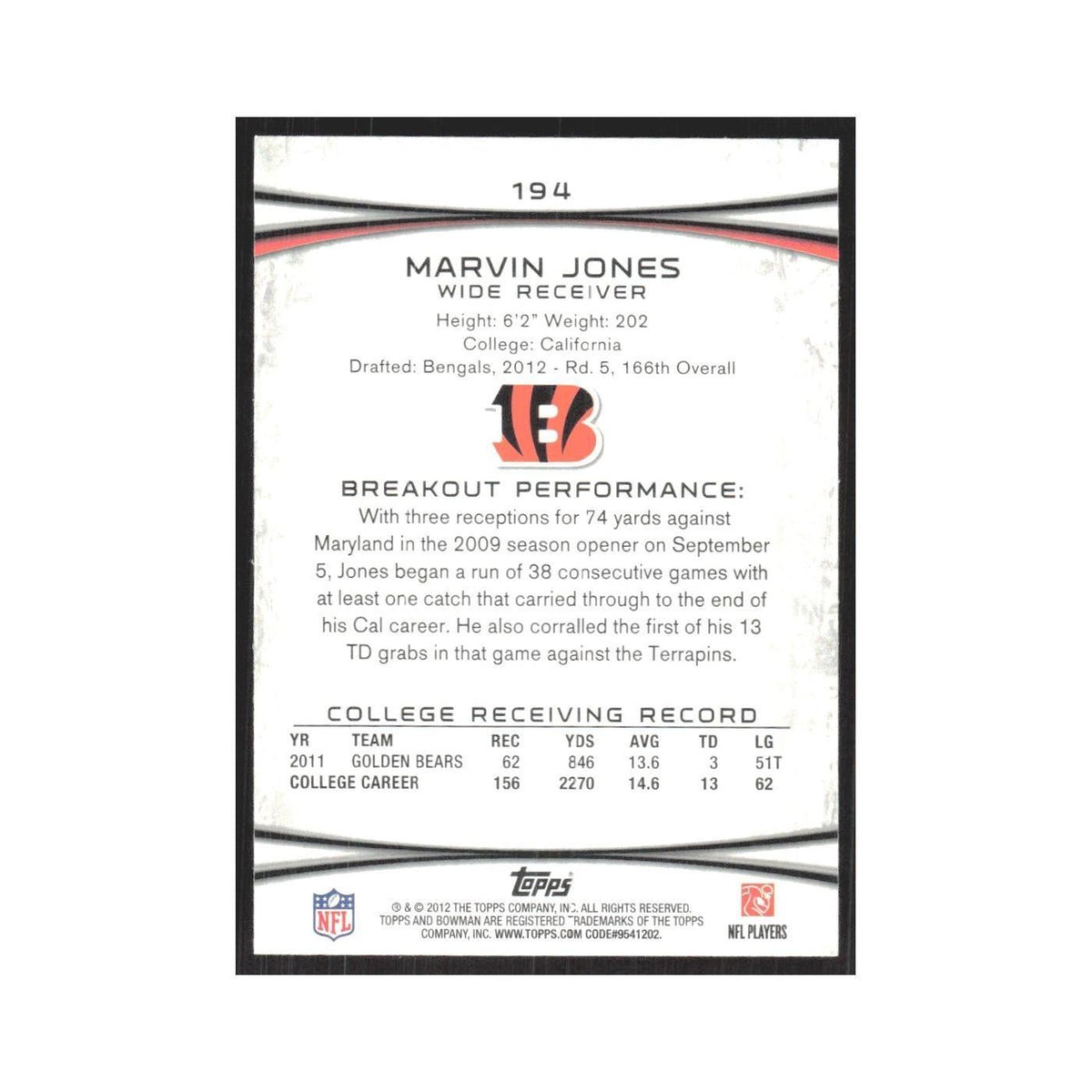 2012 Bowman Marvin Jones RC Bengals #194