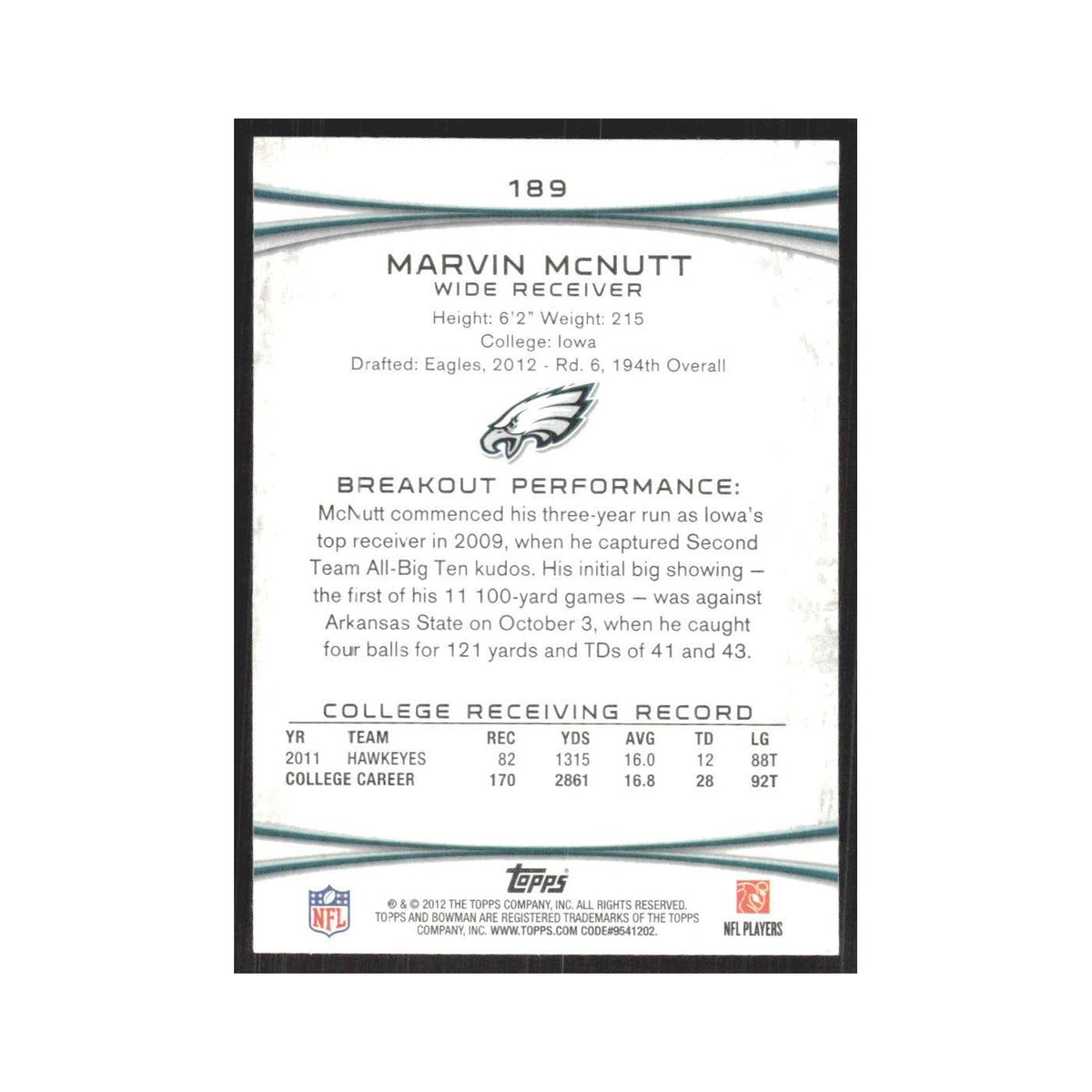 2012 Bowman Marvin McNutt RC Eagles #189