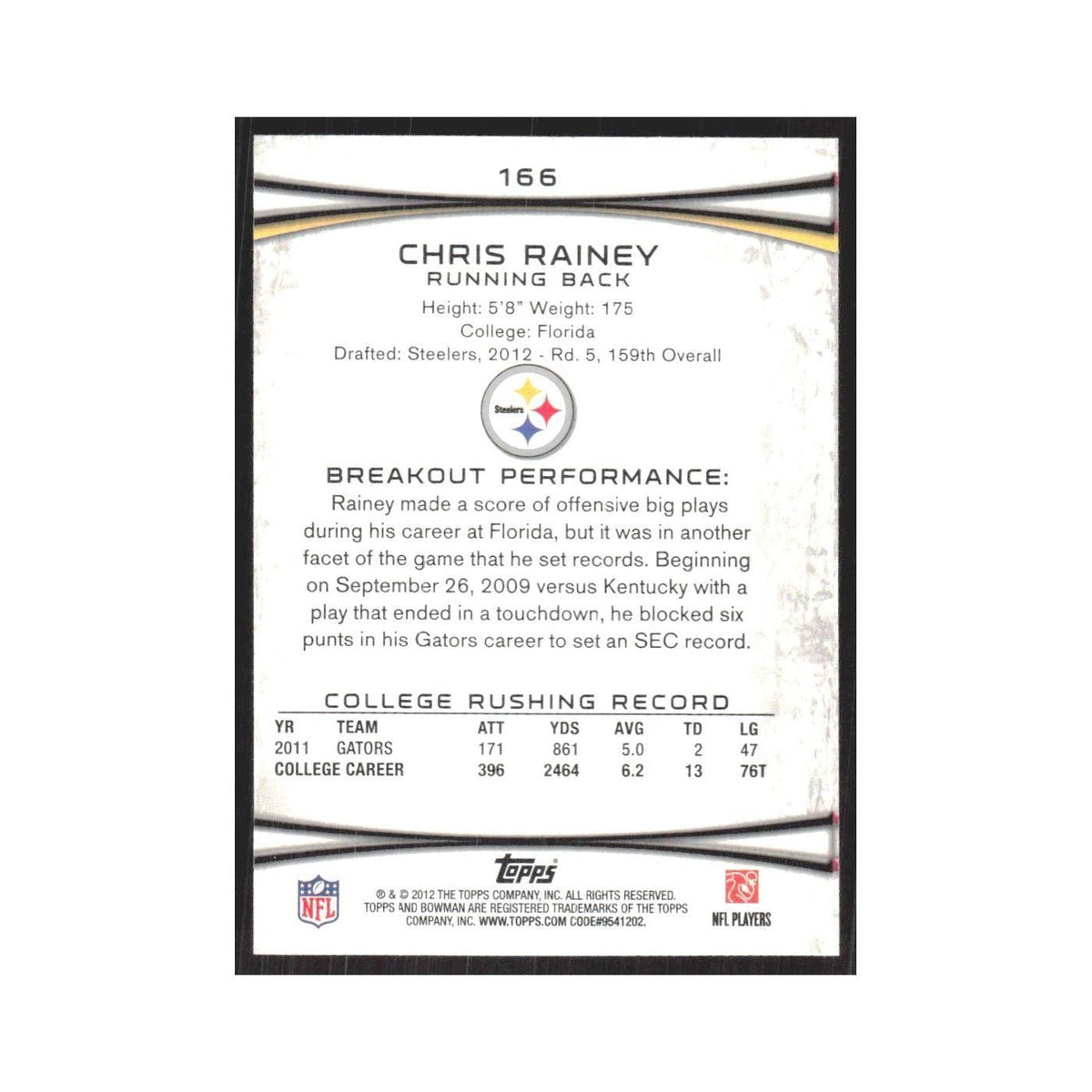 2012 Bowman Chris Rainey RC Steelers #166