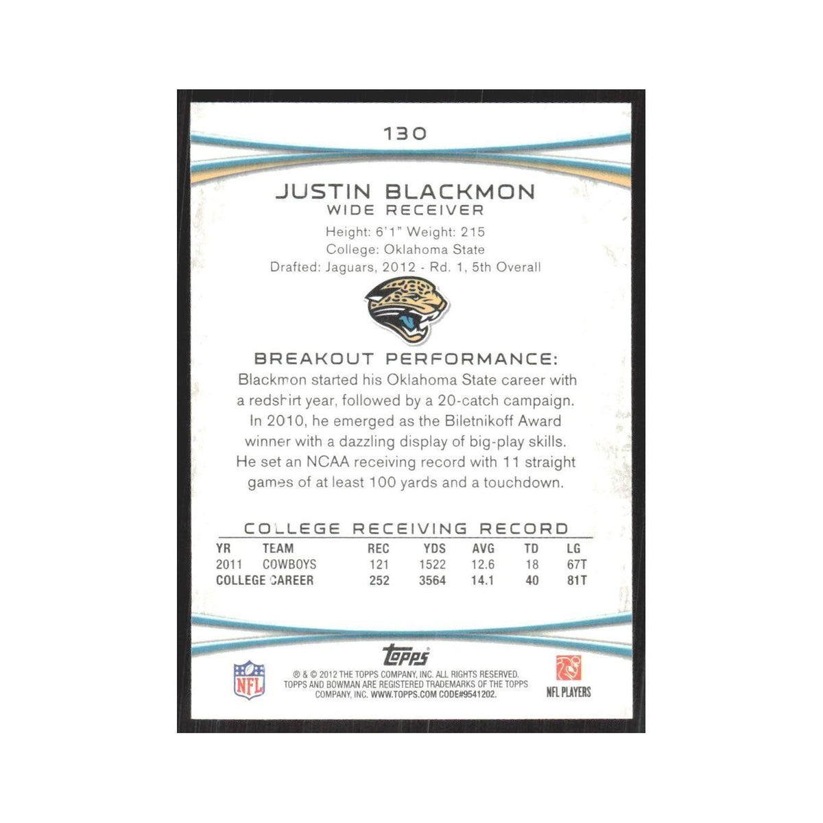 2012 Bowman Justin Blackmon RC Jaguars #130