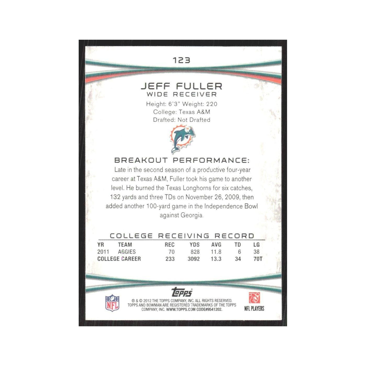 2012 Bowman Jeff Fuller RC Dolphins #123