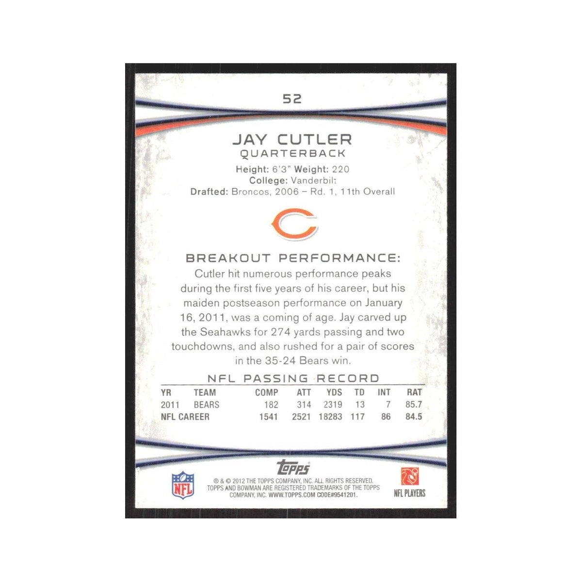 2012 Bowman Jay Cutler Bears #52