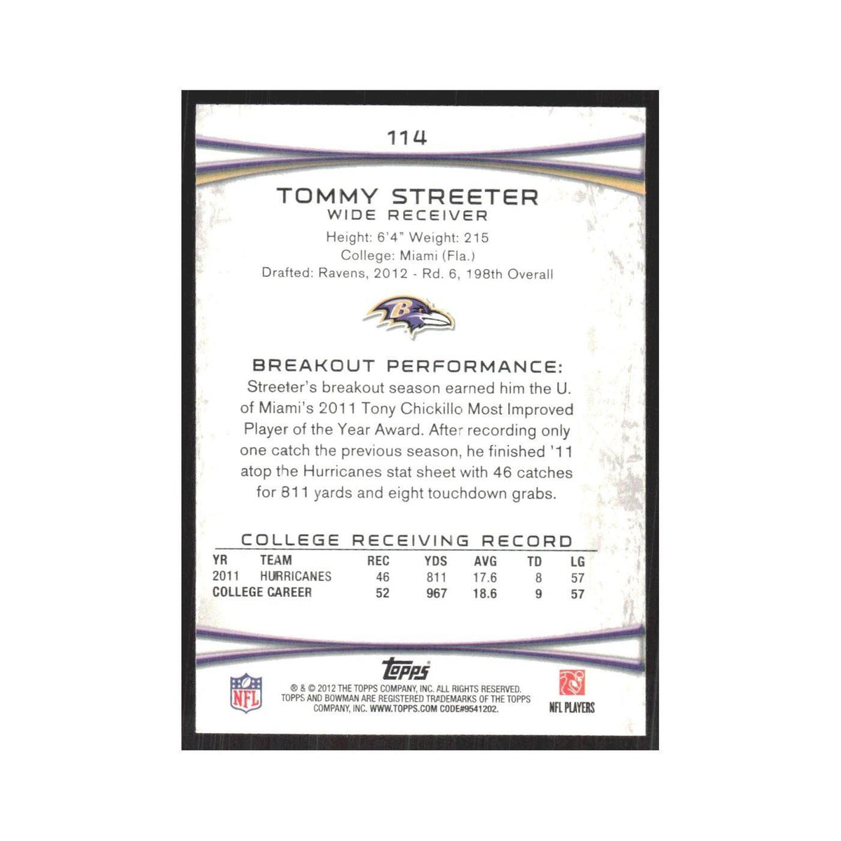 2012 Bowman Tommy Streeter RC Ravens #114