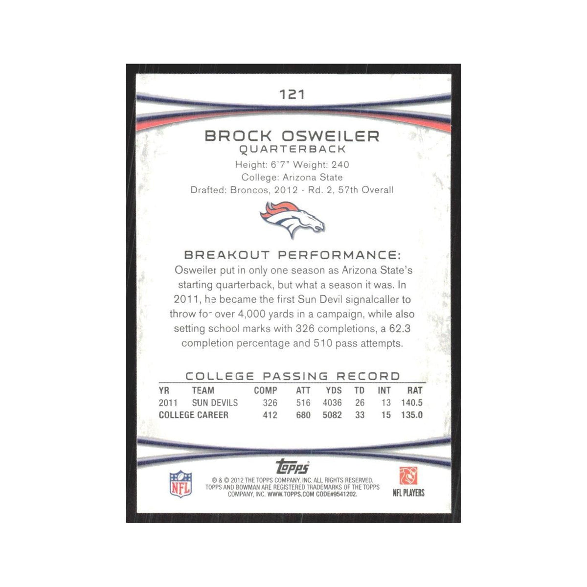2012 Bowman Brock Osweiler RC Broncos #121