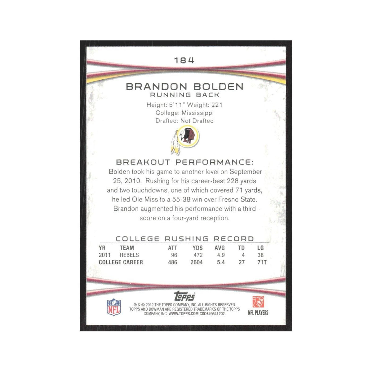 2012 Bowman Brandon Bolden RC Redskins #184
