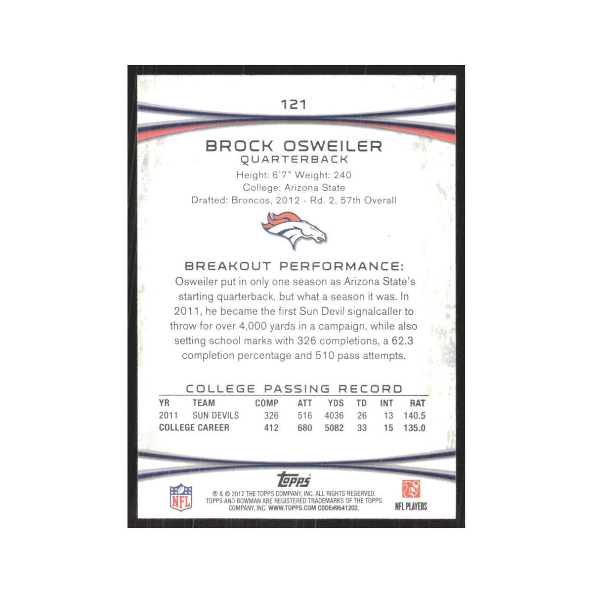 2012 Bowman Brock Osweiler RC Broncos #121