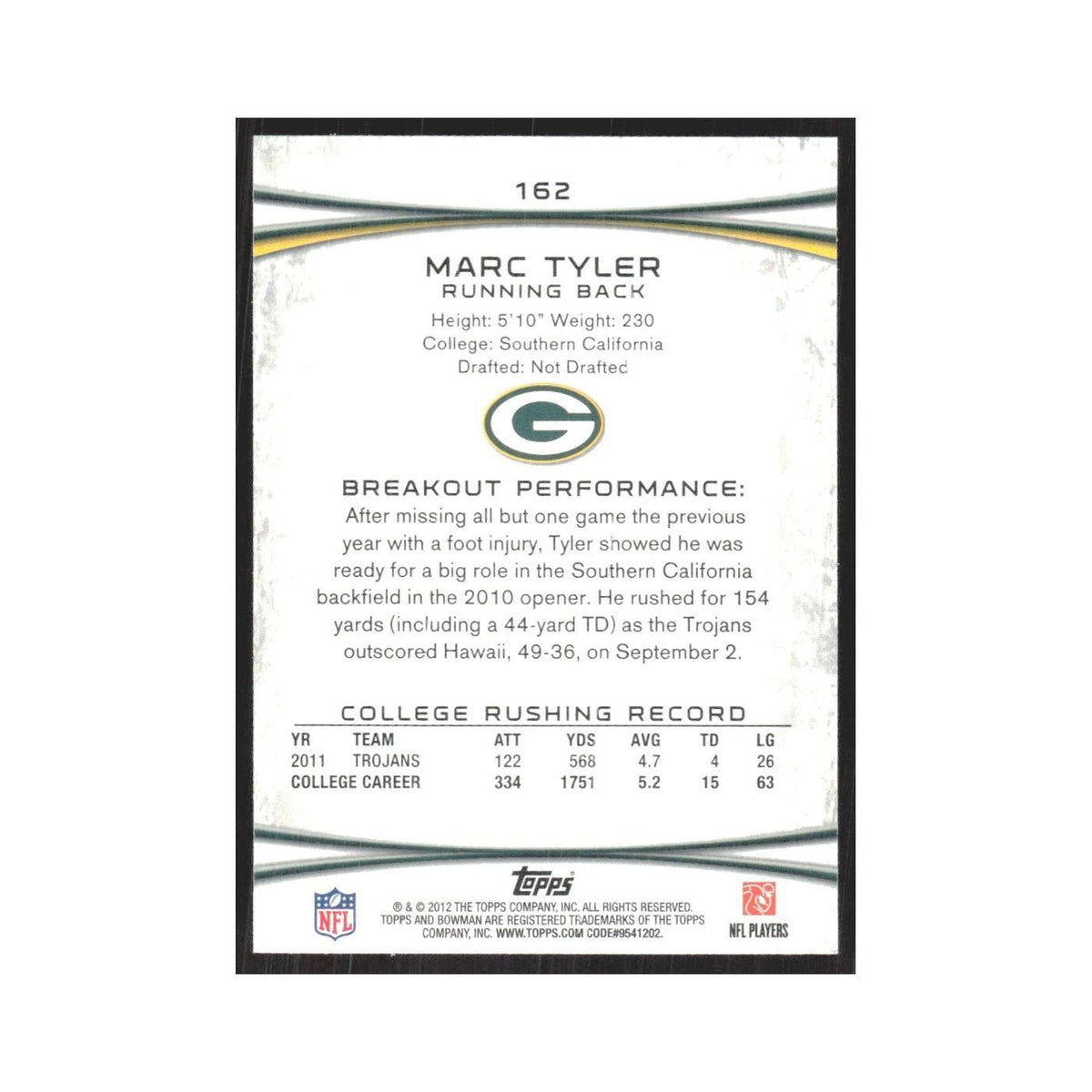 2012 Bowman Marc Tyler RC Packers #162