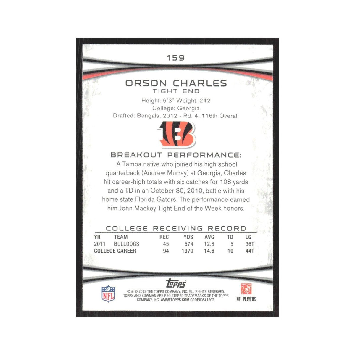 2012 Bowman Orson Charles RC Bengals #159