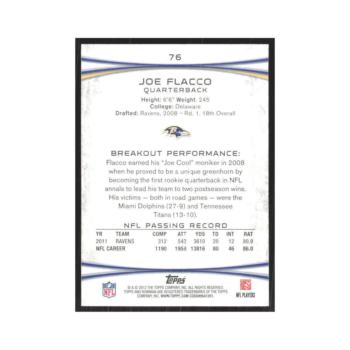 2012 Bowman Joe Flacco Ravens #76