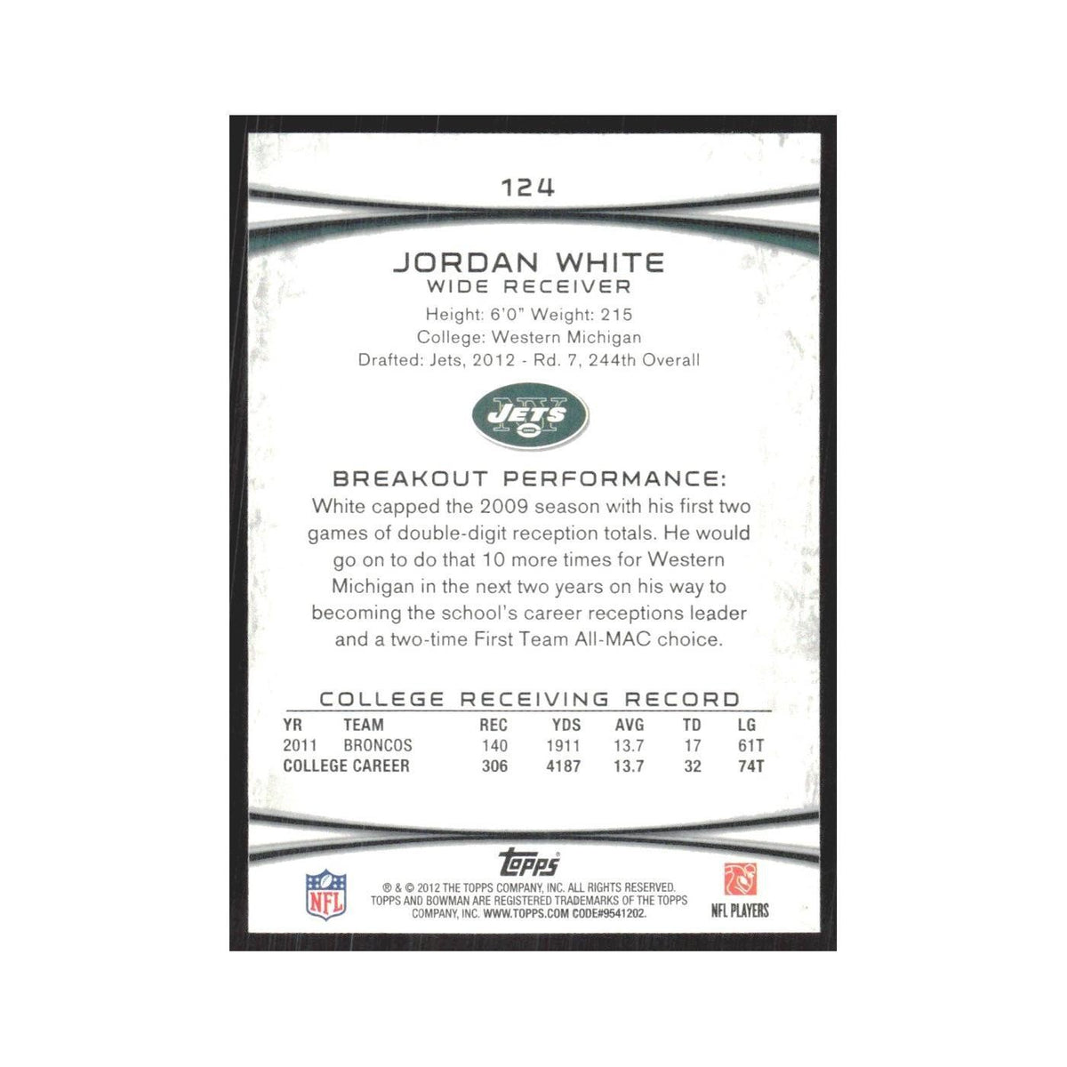 2012 Bowman Jordan White RC Jets #124