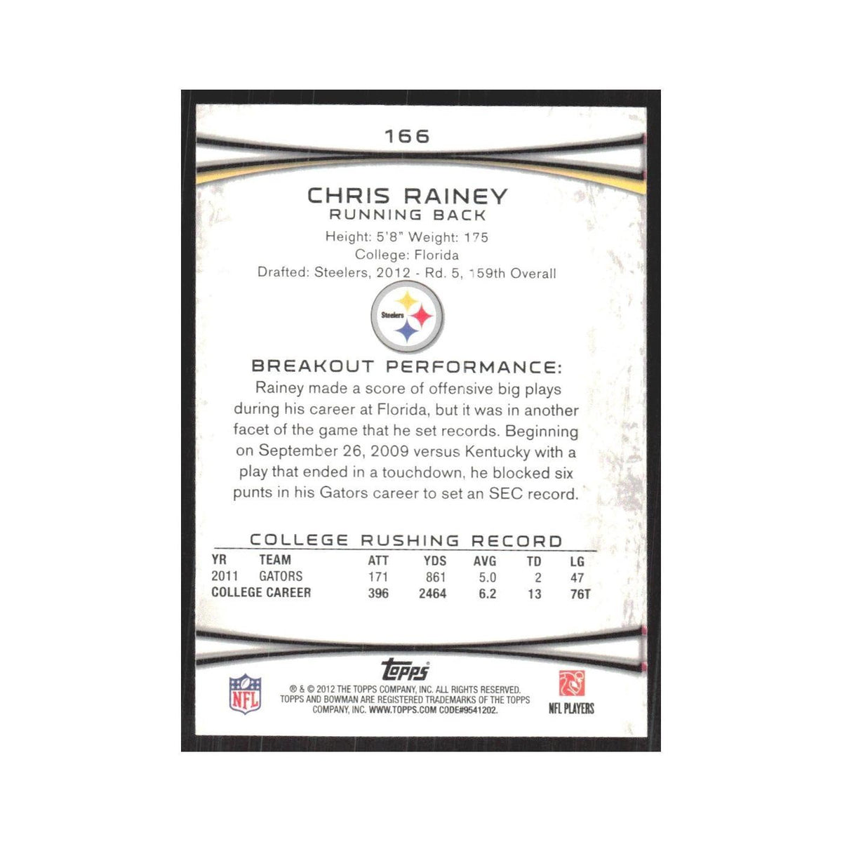 2012 Bowman Chris Rainey RC Steelers #166